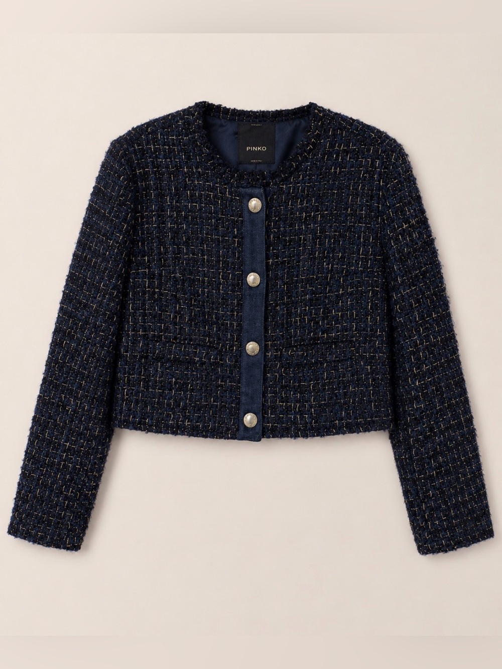 Pinko Navy Tweed Cropped Jacket with Metallic Detail